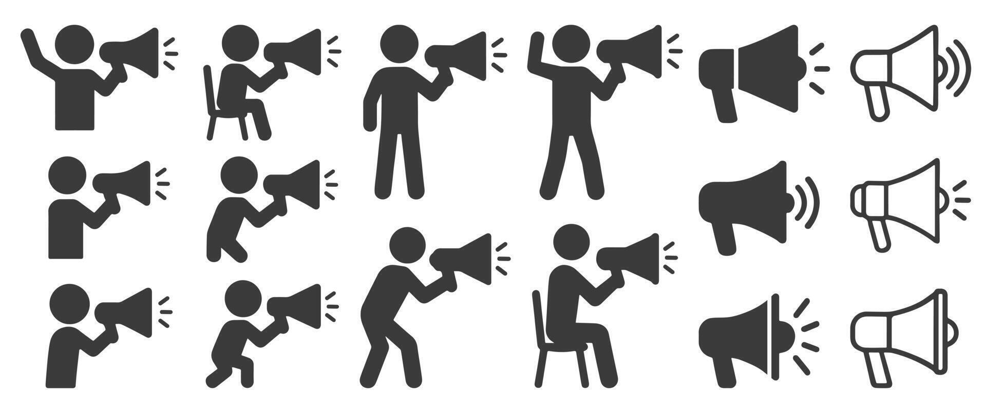 Human figure and megaphone icon shape symbol. Stick man Voice sound speech logo silhouette sign. people megaphone illustration image. Isolated on white background. vector