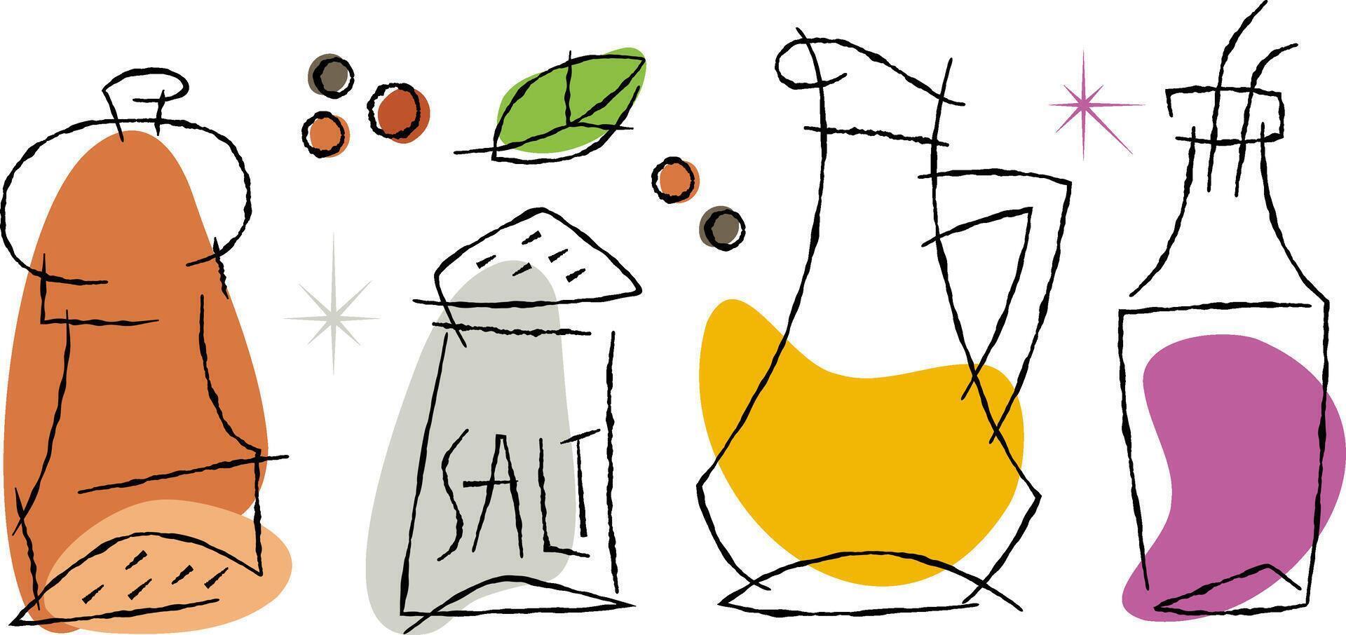Abstract kitchen spices and cooking oil bottles with a salt shaker on transparent background. Food preparation and seasoning concept illustration. vector
