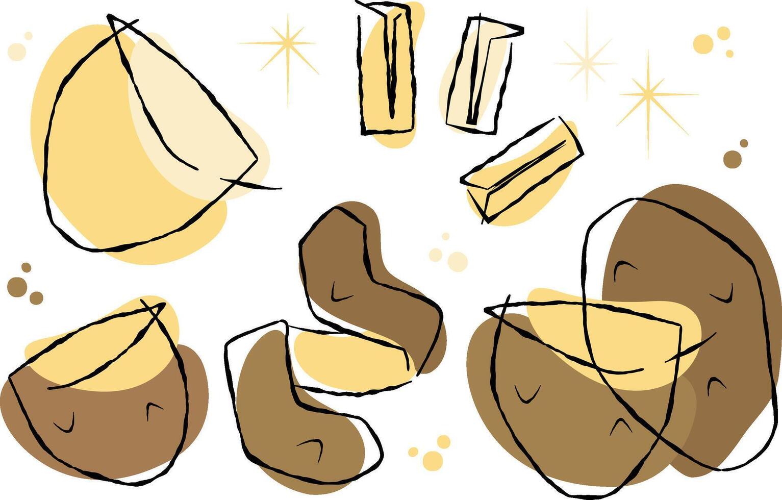 Set of playful retro style potato illustrations on transparent background. Sliced and peeled vegetable design element for art. The 50s retro style elements, with a palette of soft browns and creams vector