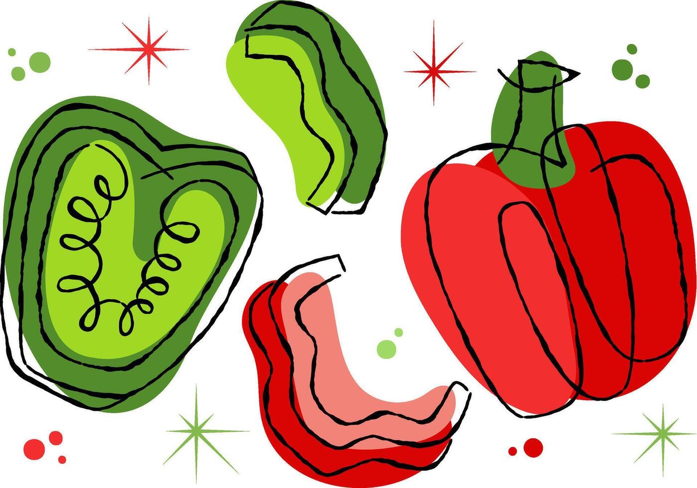 Abstract green and red pepper vegetable cartoon style on transparent background. Playful healthy eating and summer concept for creative design. vector