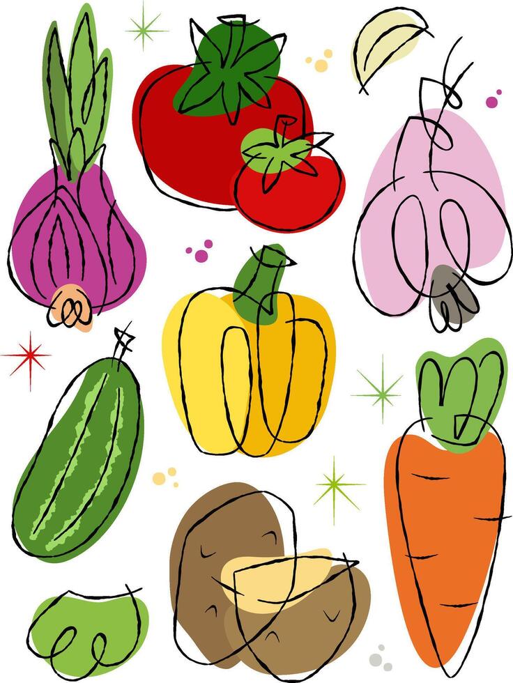 Fresh vegetable collection in abstract line art doodle style on transparent background. Healthy food mix for organic lifestyle. vector