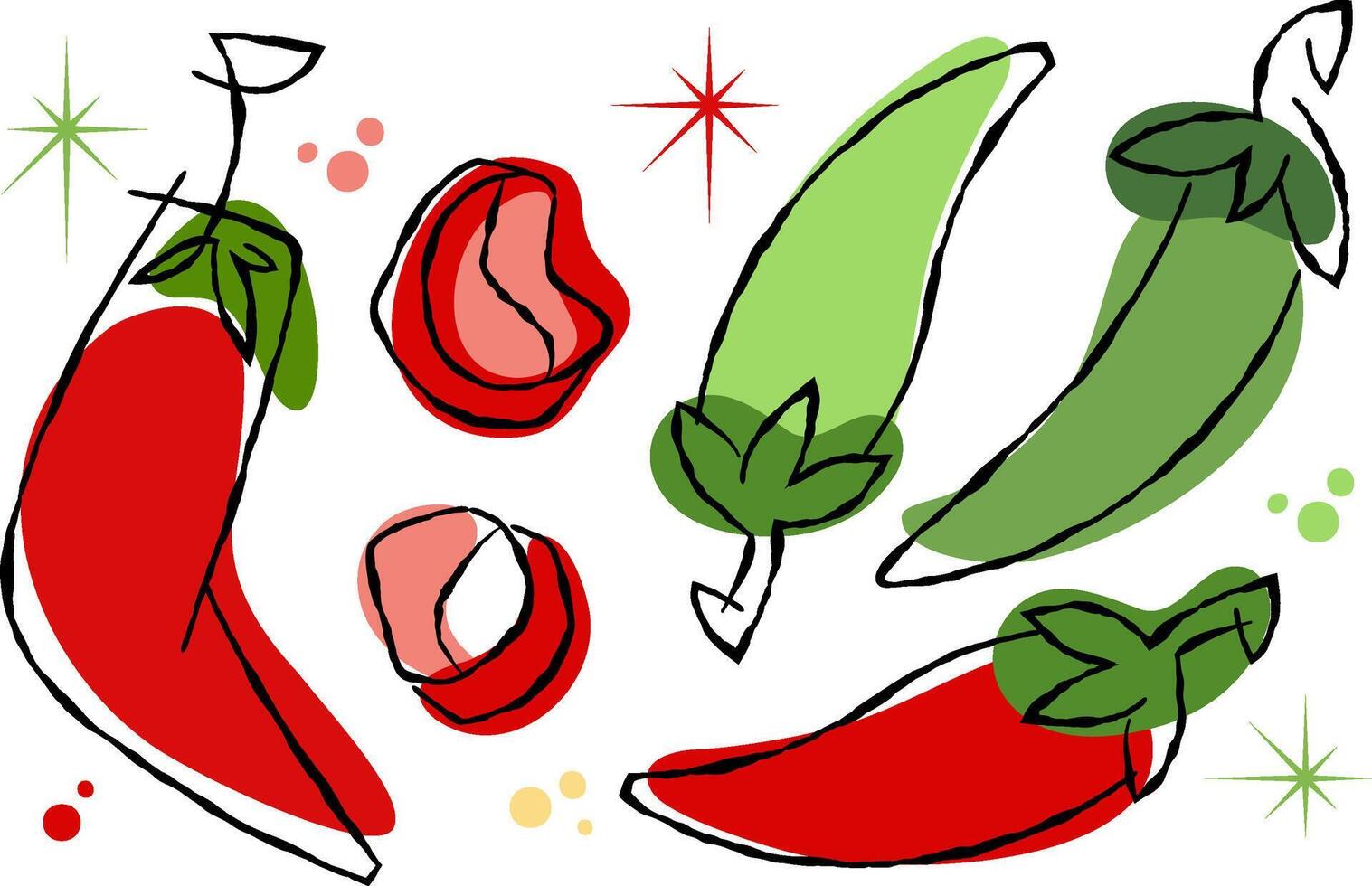 Chili pepper and sliced pepper on transparent background. Vegetable collection with doodle style. Food ingredient for summer cooking. vector