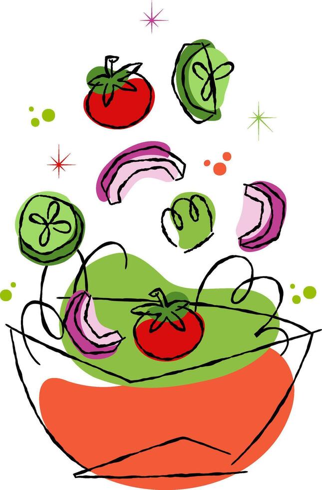Abstract illustration of fresh vegetables falling into a bowl on transparent background. Healthy food concept for restaurant menu design. Decor includes vibrant outlines and whimsical shapes vector