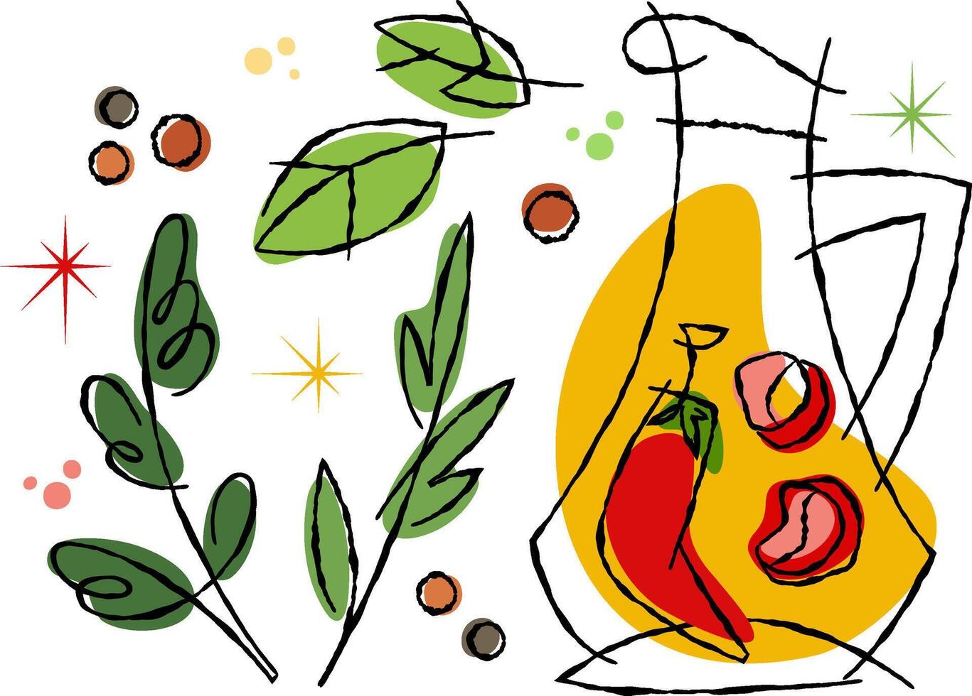Live line art of a chili pepper, seasonings, and herbs with the bottle of veggie oil on a transparent background in a 50s retro style illustration. Palette of bright reds, greens, yellows tones vector