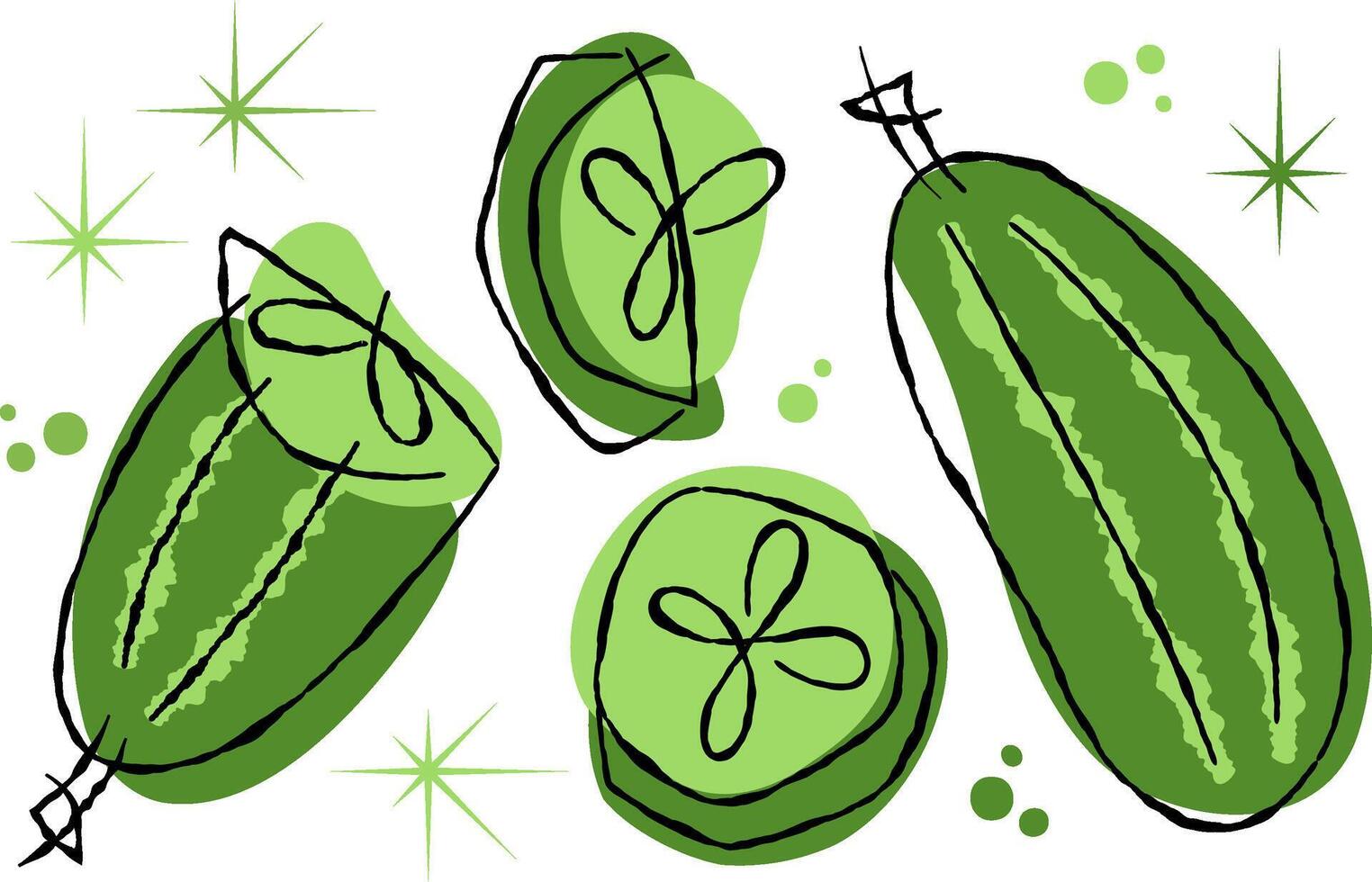 Stylized green cucumber and slices with abstract shapes on transparent background for food and healthy eating concept. Retro style typography and character design. vector