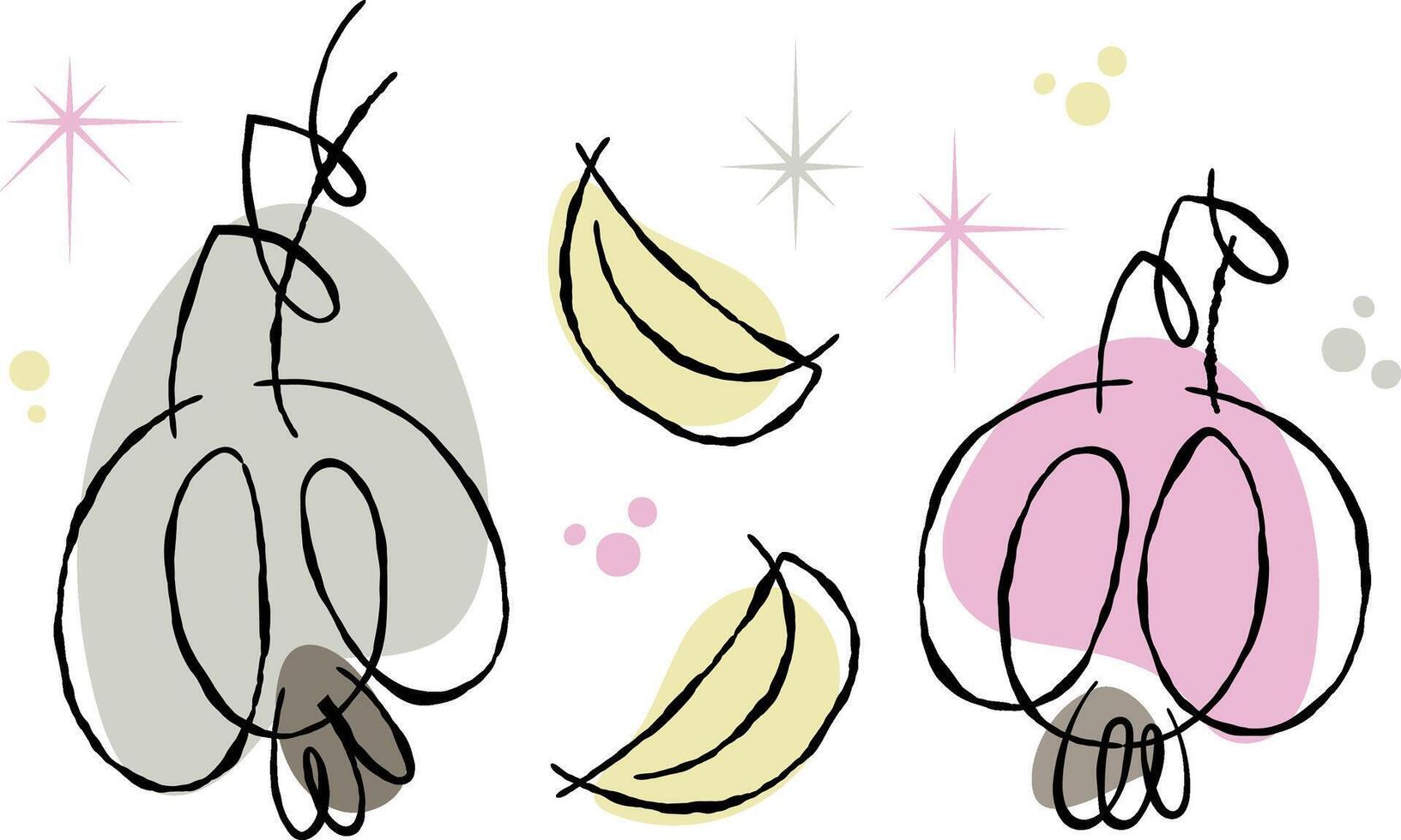 Modern retro style abstract drawing of garlic and clove of garlic on transparent background. Playful line art vegetable doodled design element for cooking theme designs. vector