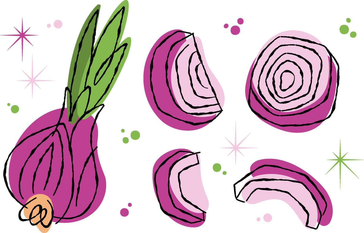 Organic purple onion with green leaves and sliced pieces. Abstract flat art for healthy food concept on transparent background. vector