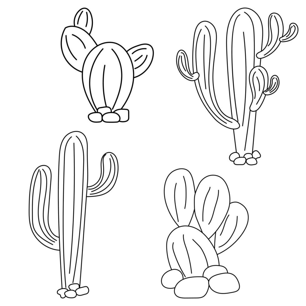 Collection of outline cactus plants isolated on white backgound. vector