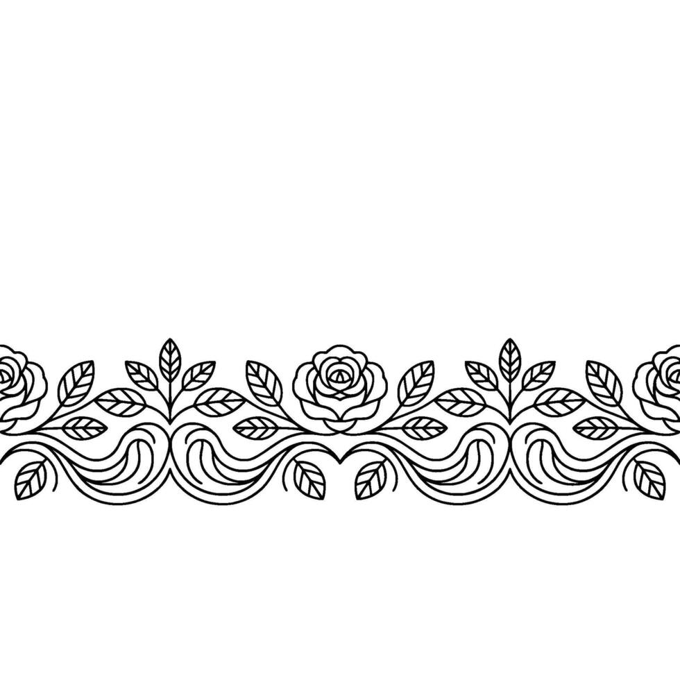 Elegant Line Art Floral Border With Roses Black And White vector