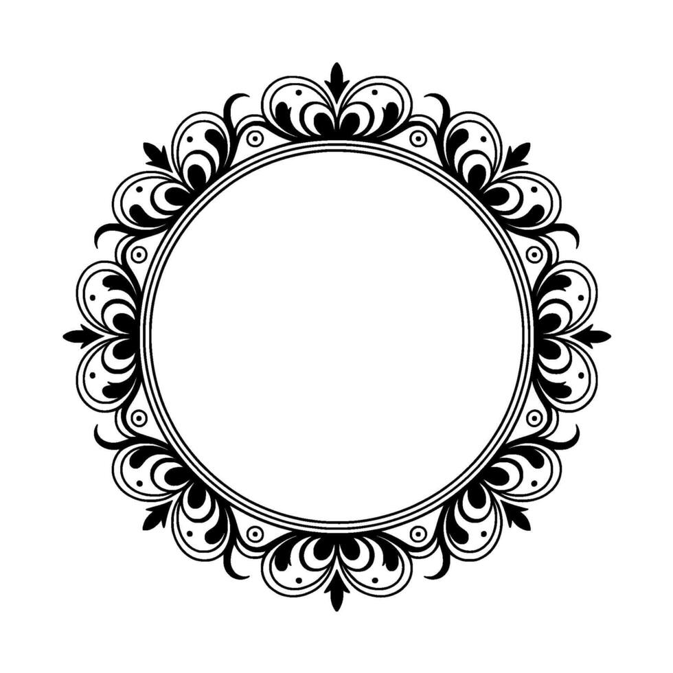 Ornate Black White Circular Frame With Decorative Floral Elements On White vector