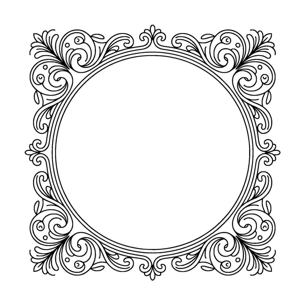 Elegant Floral Frame with Circle Center, Black And White vector