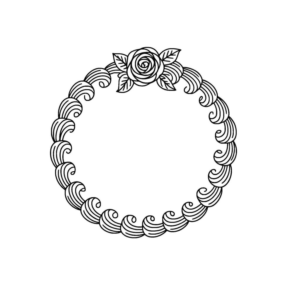 Elegant Rose and Swirl Frame Minimalist Line Art on White. vector