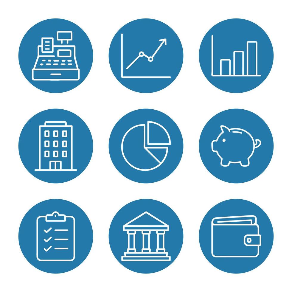 Financial Icon Collection in Blue Circles. Icon symbol illustration vector