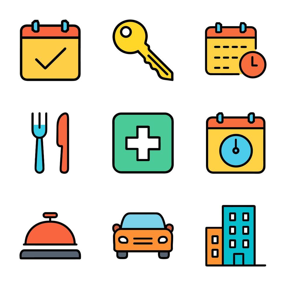 Hotel amenities icons calendar key dinner. Icon symbol illustration vector