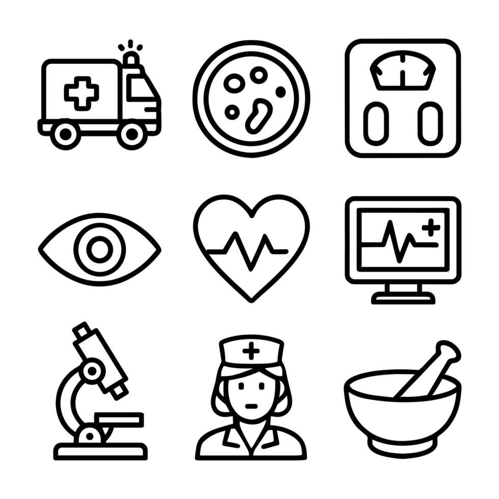 Medical icons symbolize healthcare essentials. Icon symbol illustration vector
