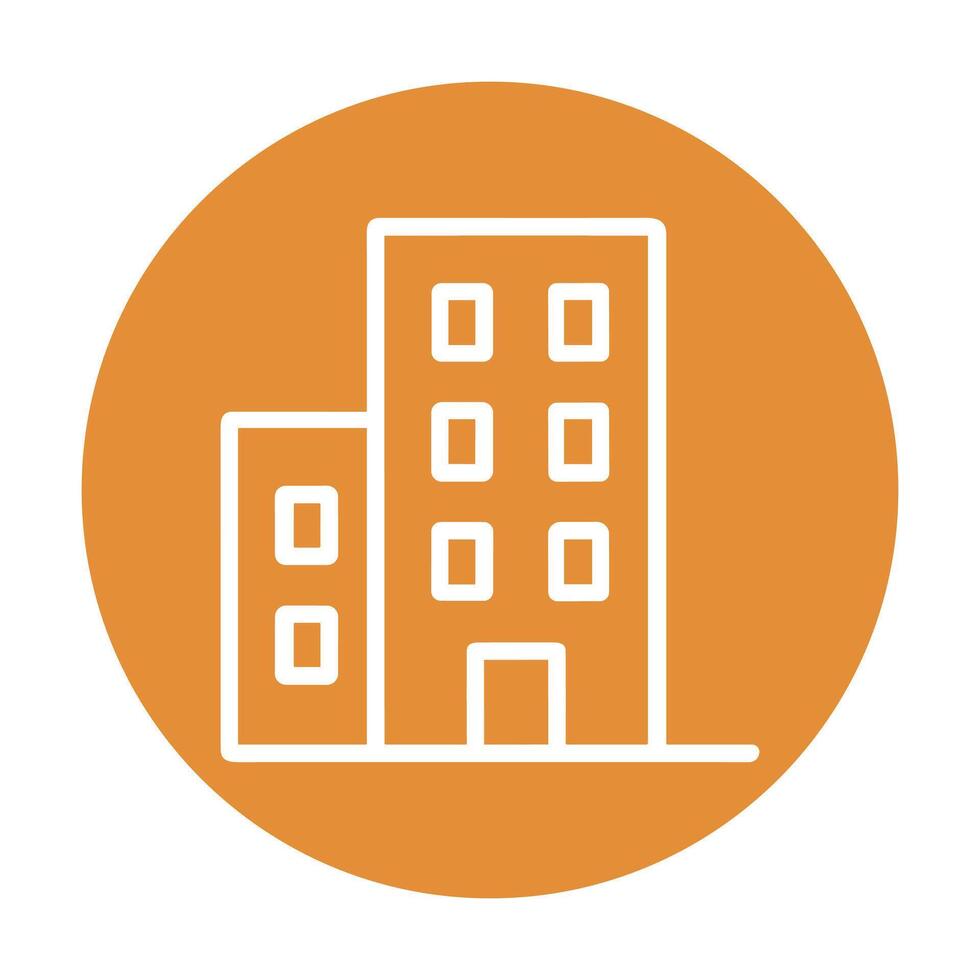 Simplified building icon within orange circle. Icon symbol illustration vector