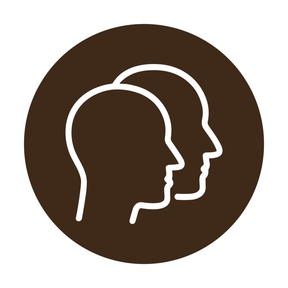 Contemplative profiles inside brown circle. Icon symbol illustration vector
