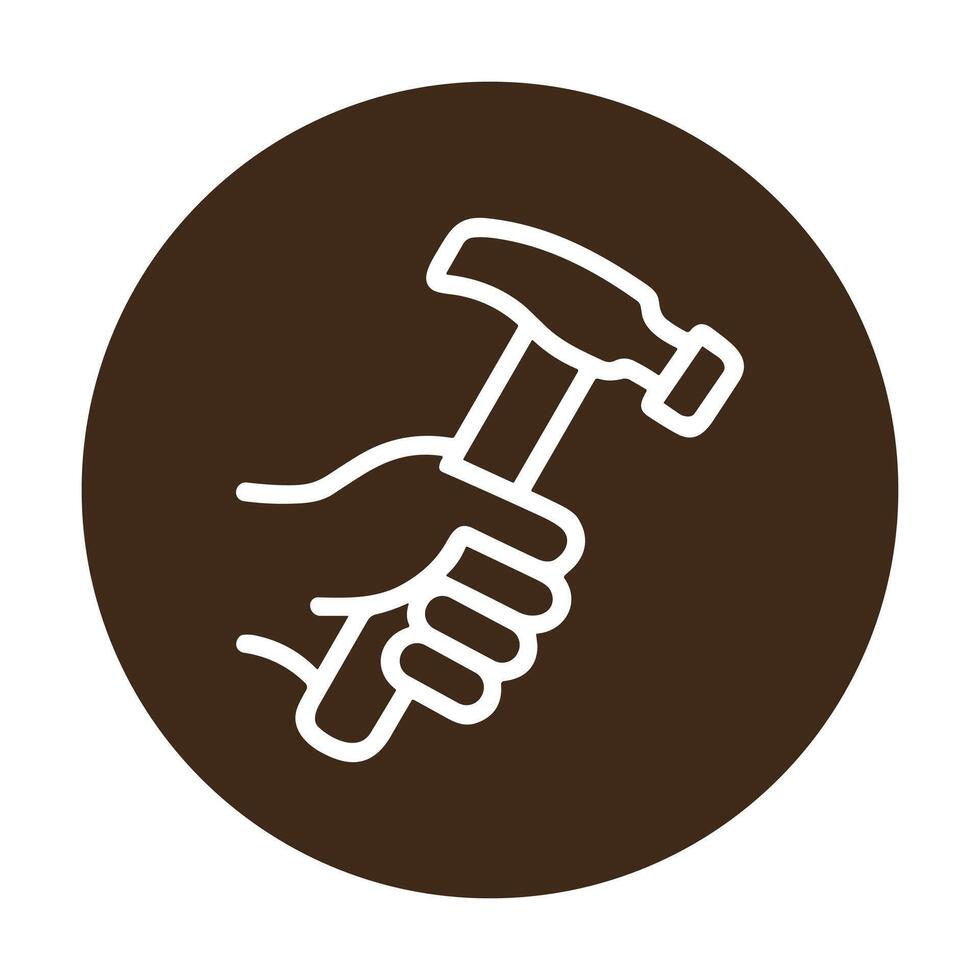 Hand grips hammer in brown circle. Icon symbol illustration vector