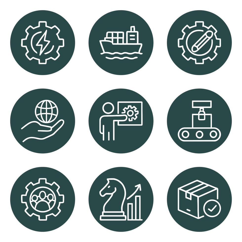 Nine strategic manufacturing and global business icons. Icon symbol illustration vector