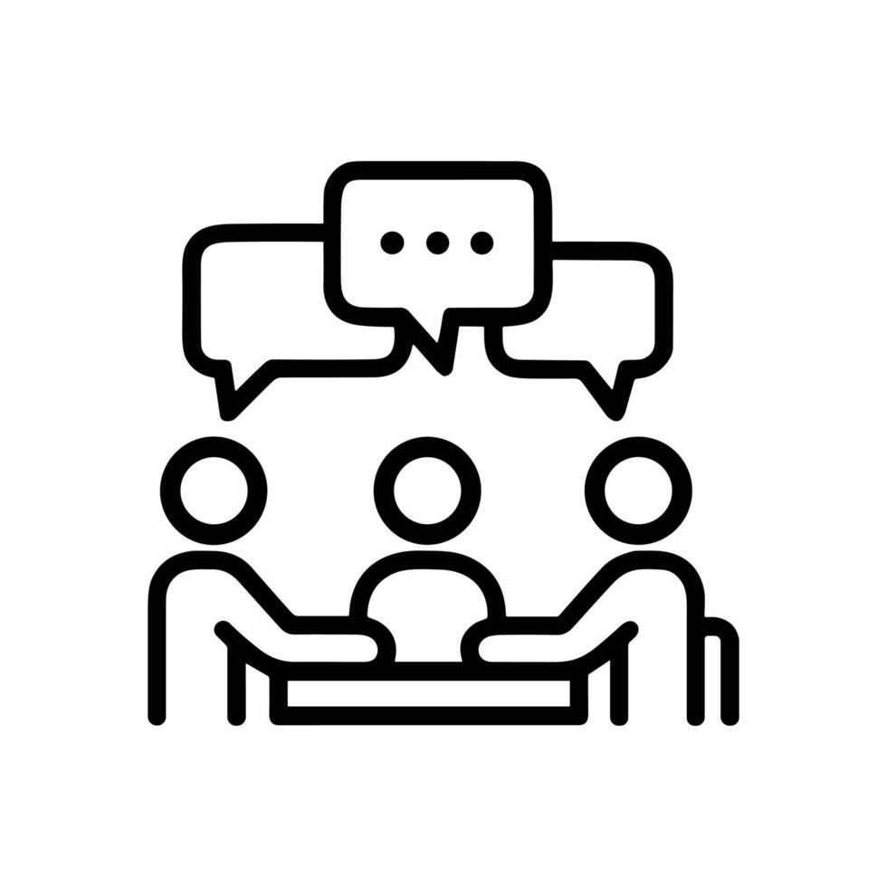 Three people discussing around a table. Icon symbol illustration vector
