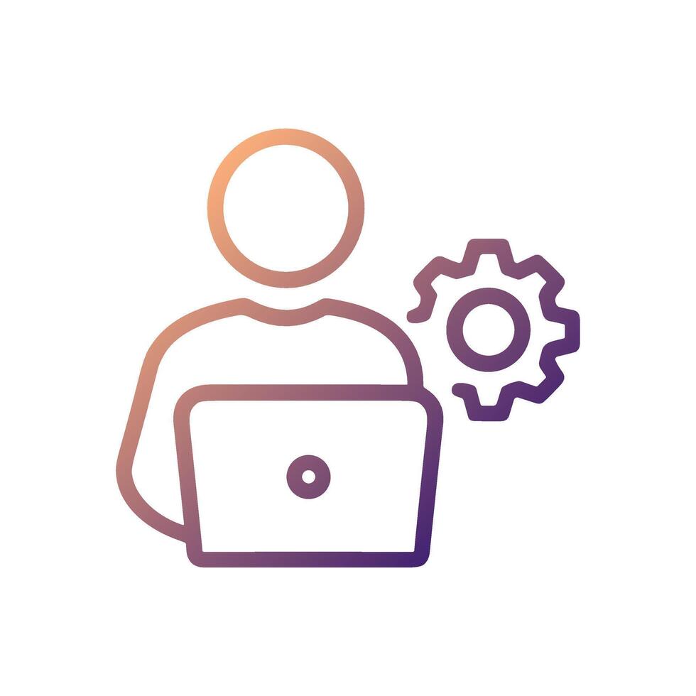 Technical worker with laptop and gear. Icon symbol illustration vector