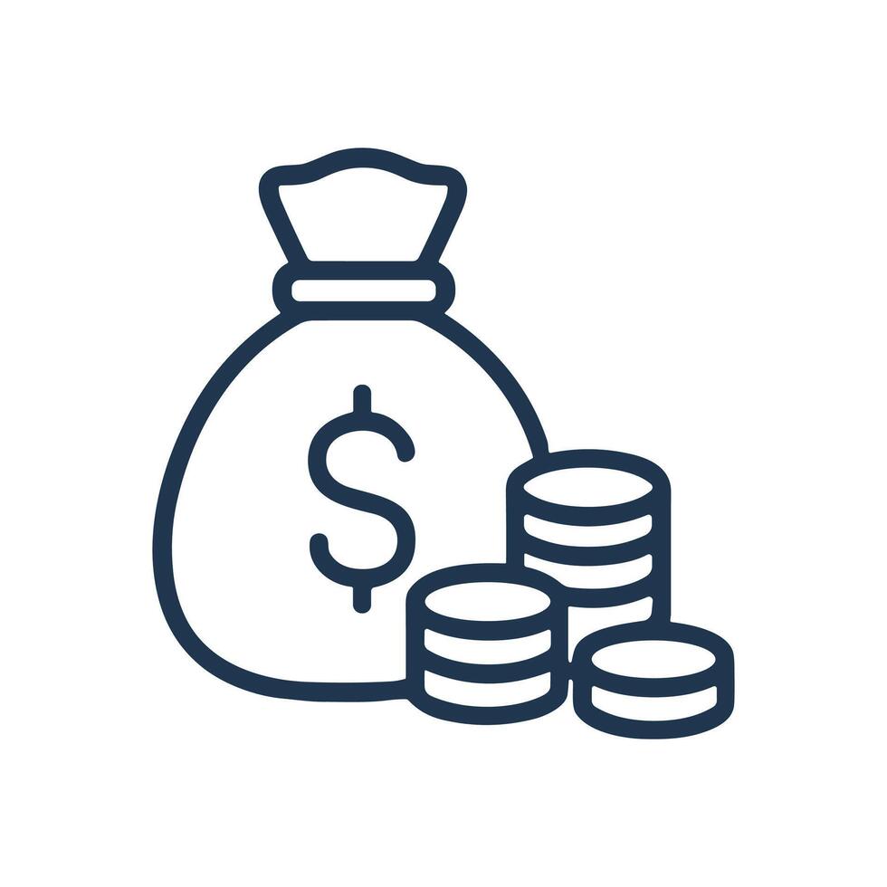 Bag of money with coin stacks. Icon symbol illustration vector