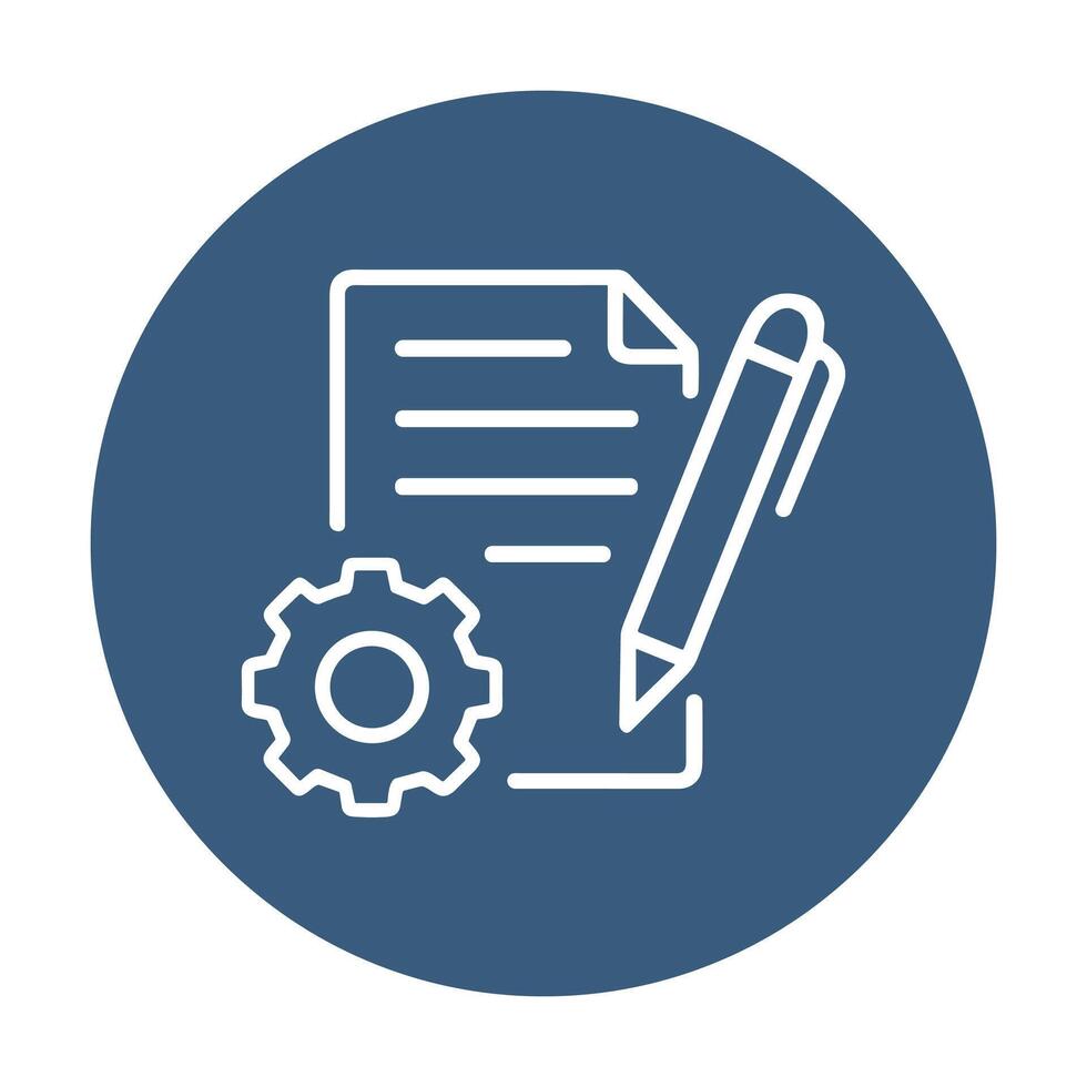 Blue badge features document creation process. Icon symbol illustration vector