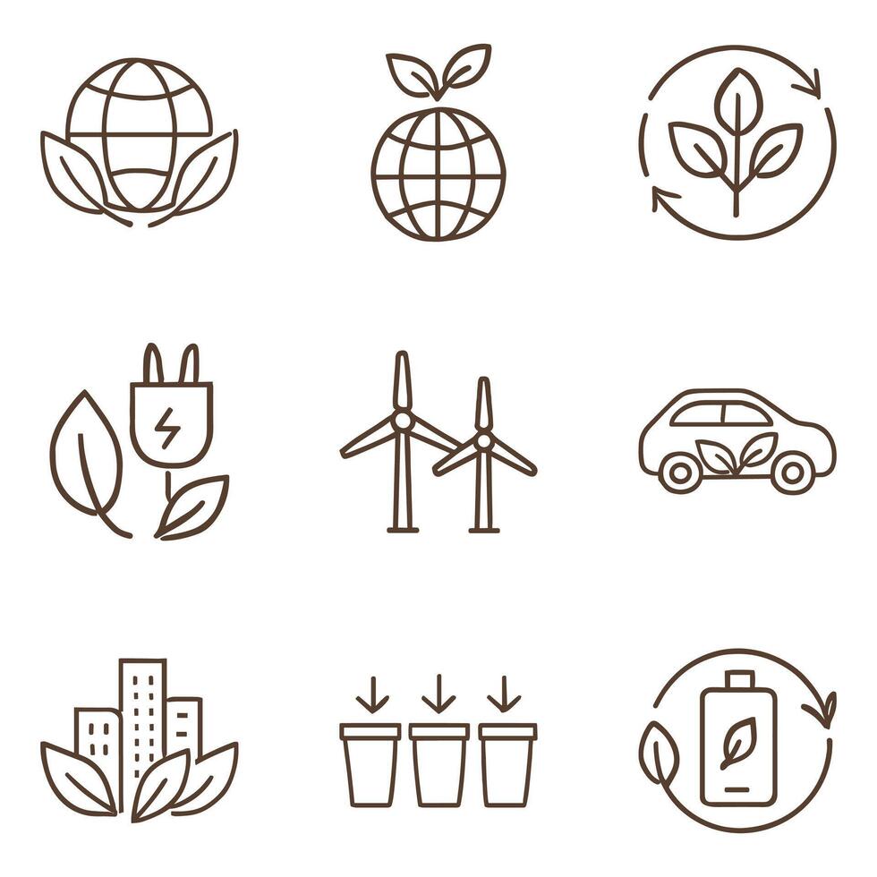 Ecofriendly initiatives represented as line art. Icon symbol illustration vector