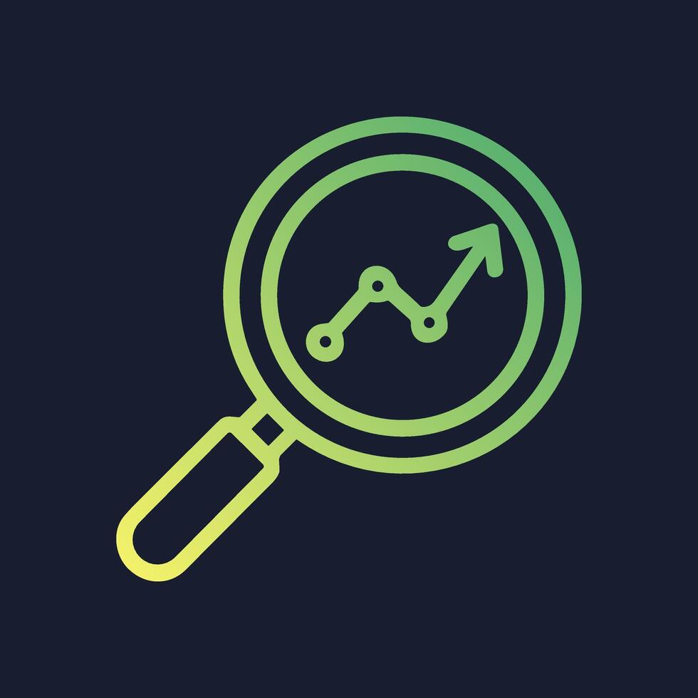 Magnifying glass analyzing upward business graph. Icon symbol illustration vector