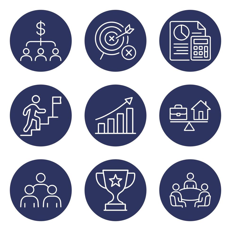 Nine business icons on dark blue circles. Icon symbol illustration vector