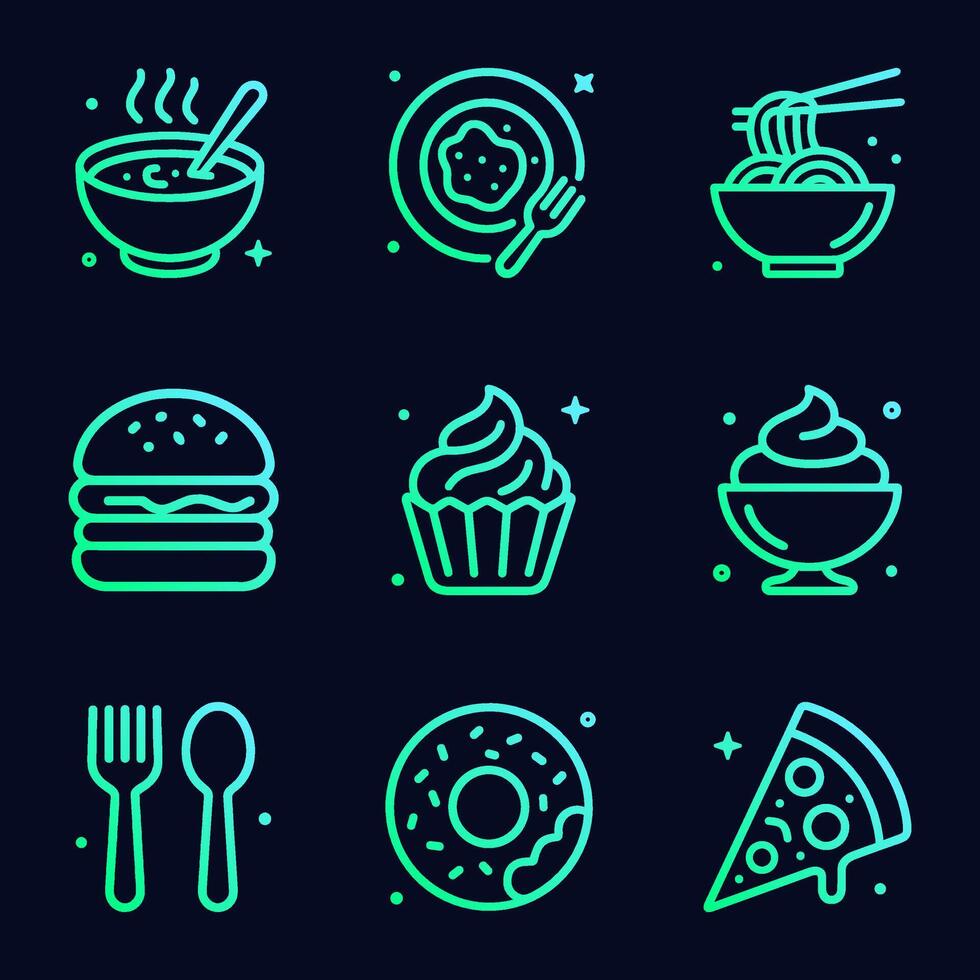 Gradient food icons on dark background. Icon symbol illustration vector