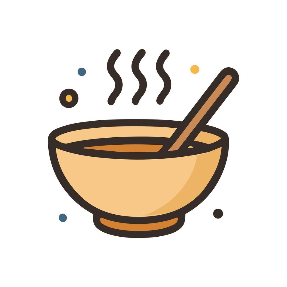 Steaming bowl with spoon and colorful dots. Icon symbol illustration vector