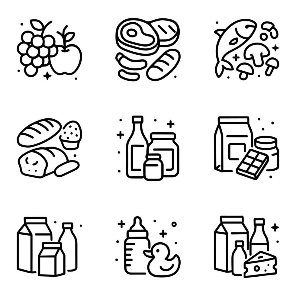 Assorted groceries in linear illustration. Icon symbol illustration vector