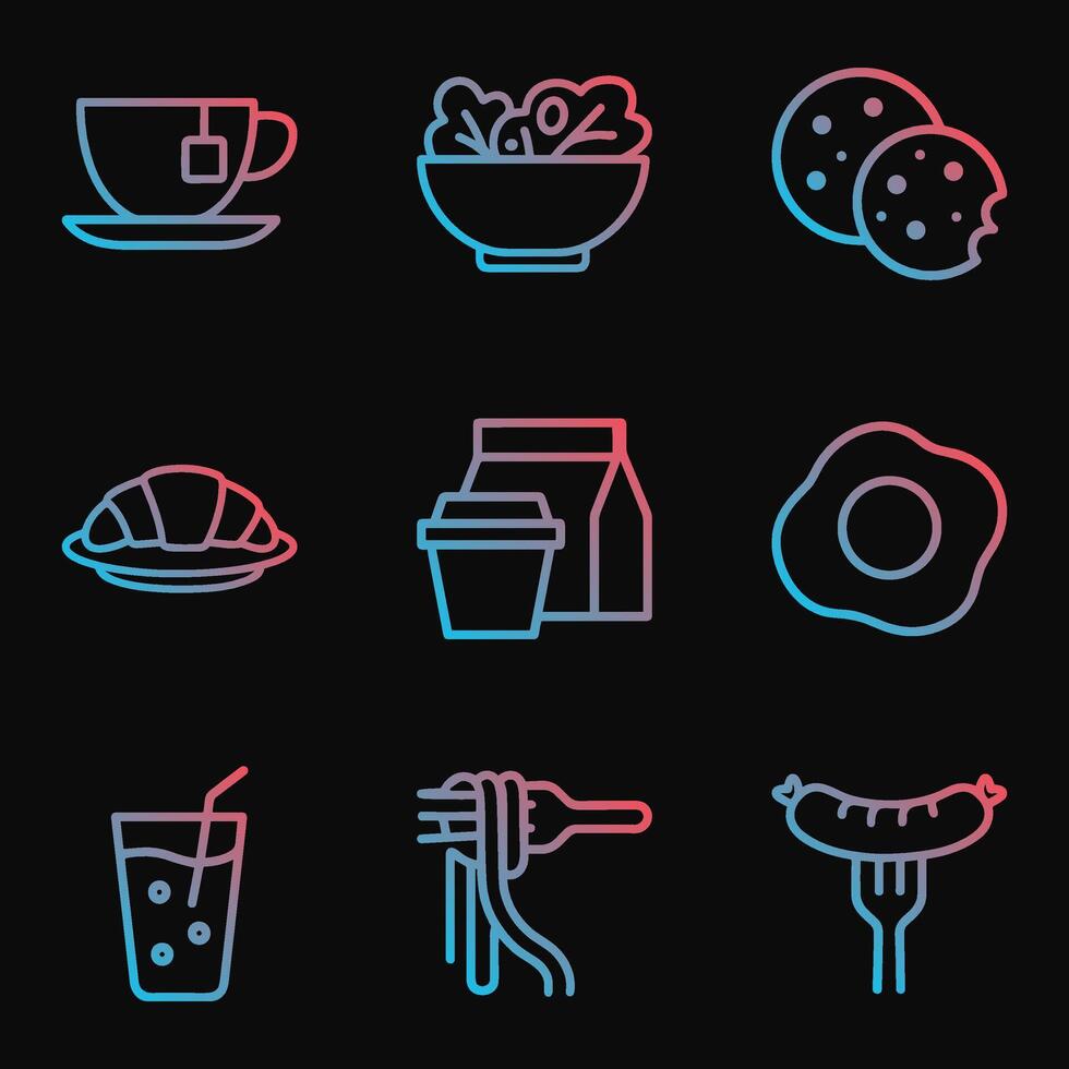 Colorful culinary icons arrayed on black. Icon symbol illustration vector
