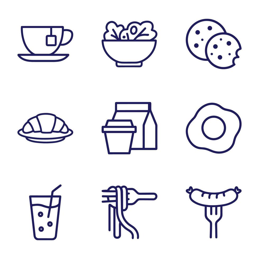 Array of breakfast and lunch items. Icon symbol illustration vector