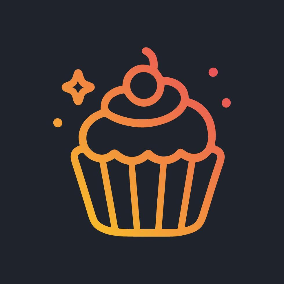 Sparkly delicious cupcake with orange frosting. Icon symbol illustration vector