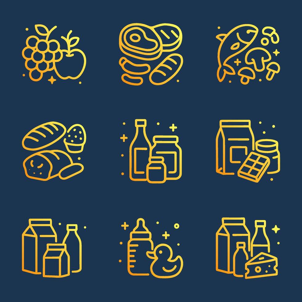 Groceries icons on a dark blue background. Icon symbol illustration vector