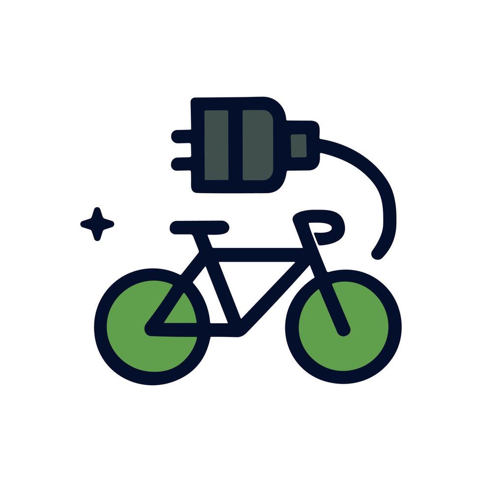 Electric bicycle with plug signifies green energy. Icon symbol illustration vector