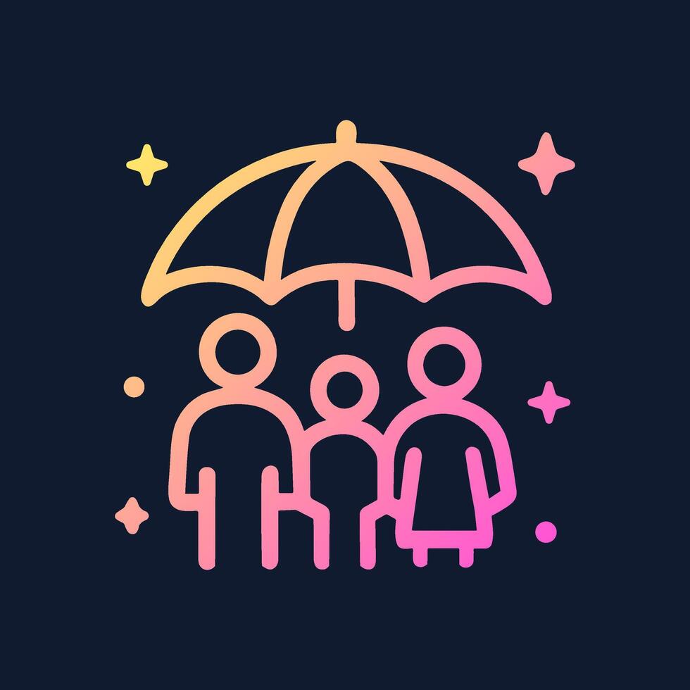 Family protected by insurance umbrella. Icon symbol illustration vector