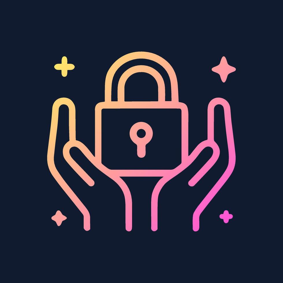 Glowing hands protecting a padlock. Icon symbol illustration vector