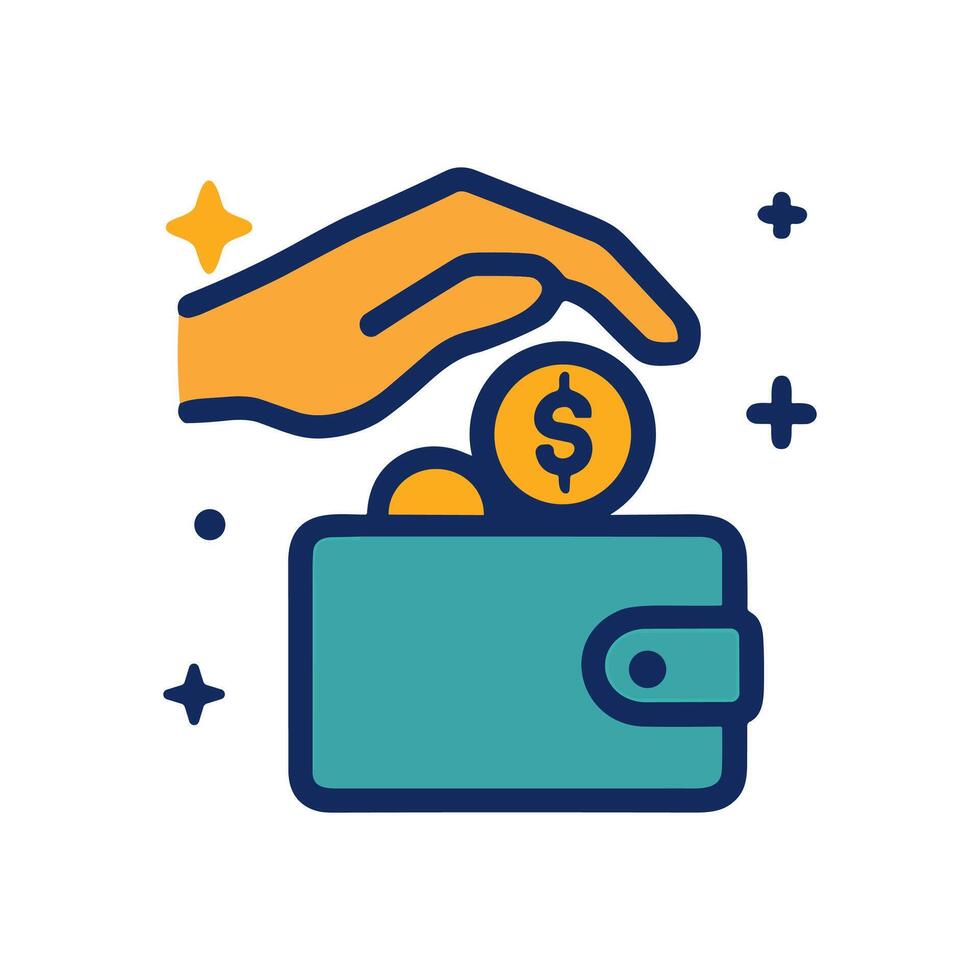 Hand deposits coin in wallet. Icon symbol illustration vector