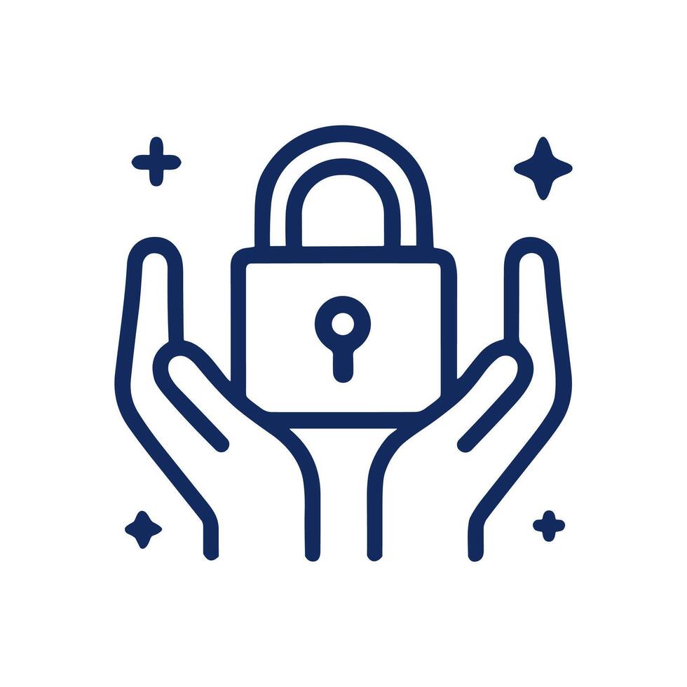 Safeguarded lock within supportive hands. Icon symbol illustration vector