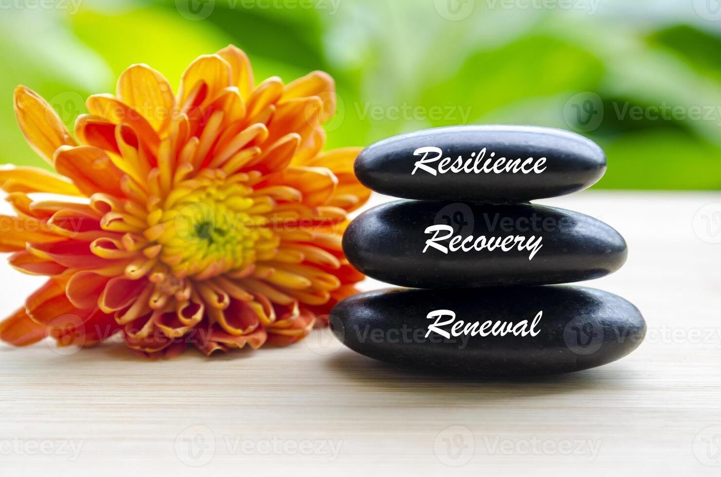 Close up view of Resilience, Recovery and Renewal text on Zen stones. Inner peace concept photo