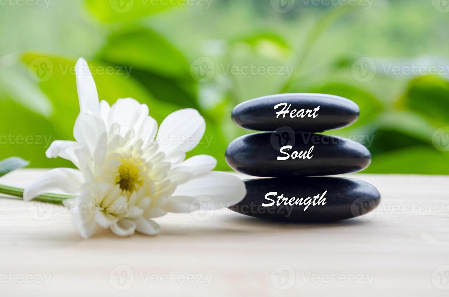 Heart, Soul and Strength text on zen stones with white color flower and blur background photo