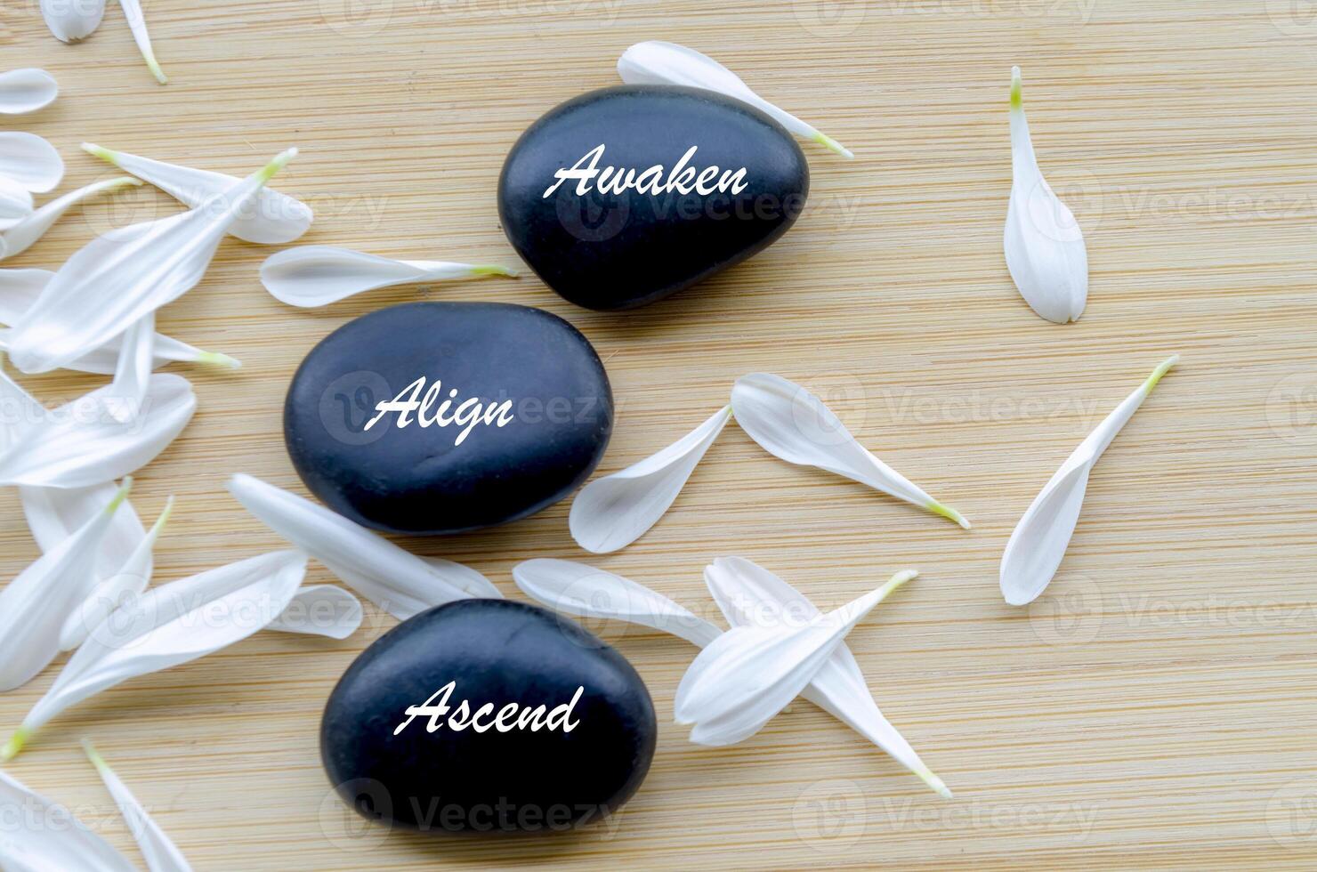 Awaken, Align and Ascend text on zen stones surrounded by flower petals. Meditation ad Inner peace concept. photo