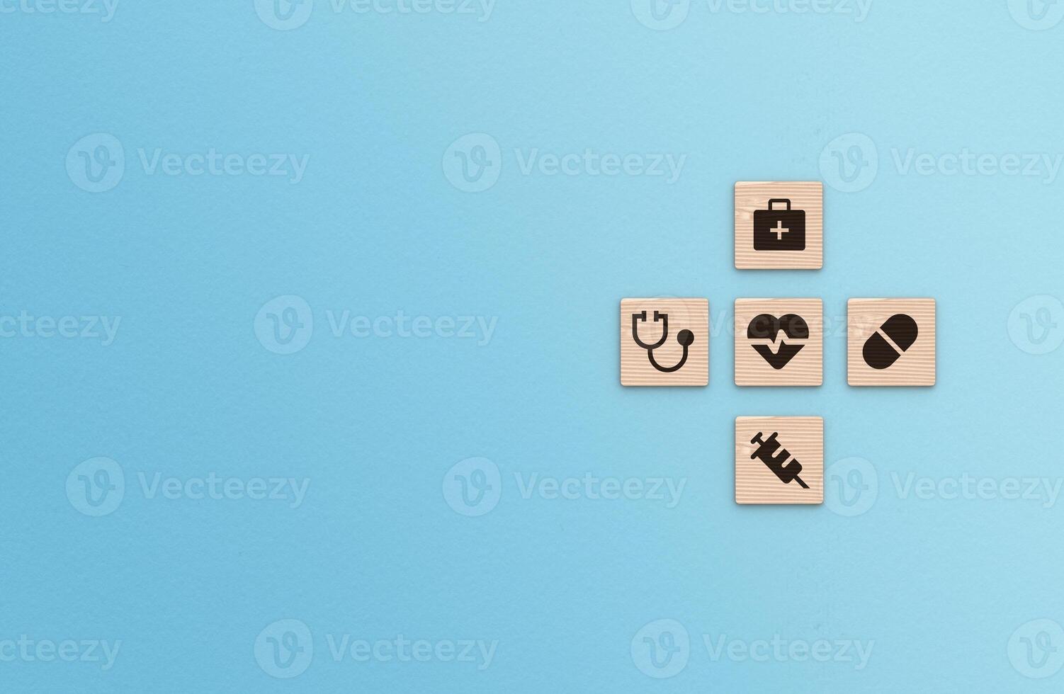 Health Insurance Concept, healthcare medical icons on blue background with copy space photo