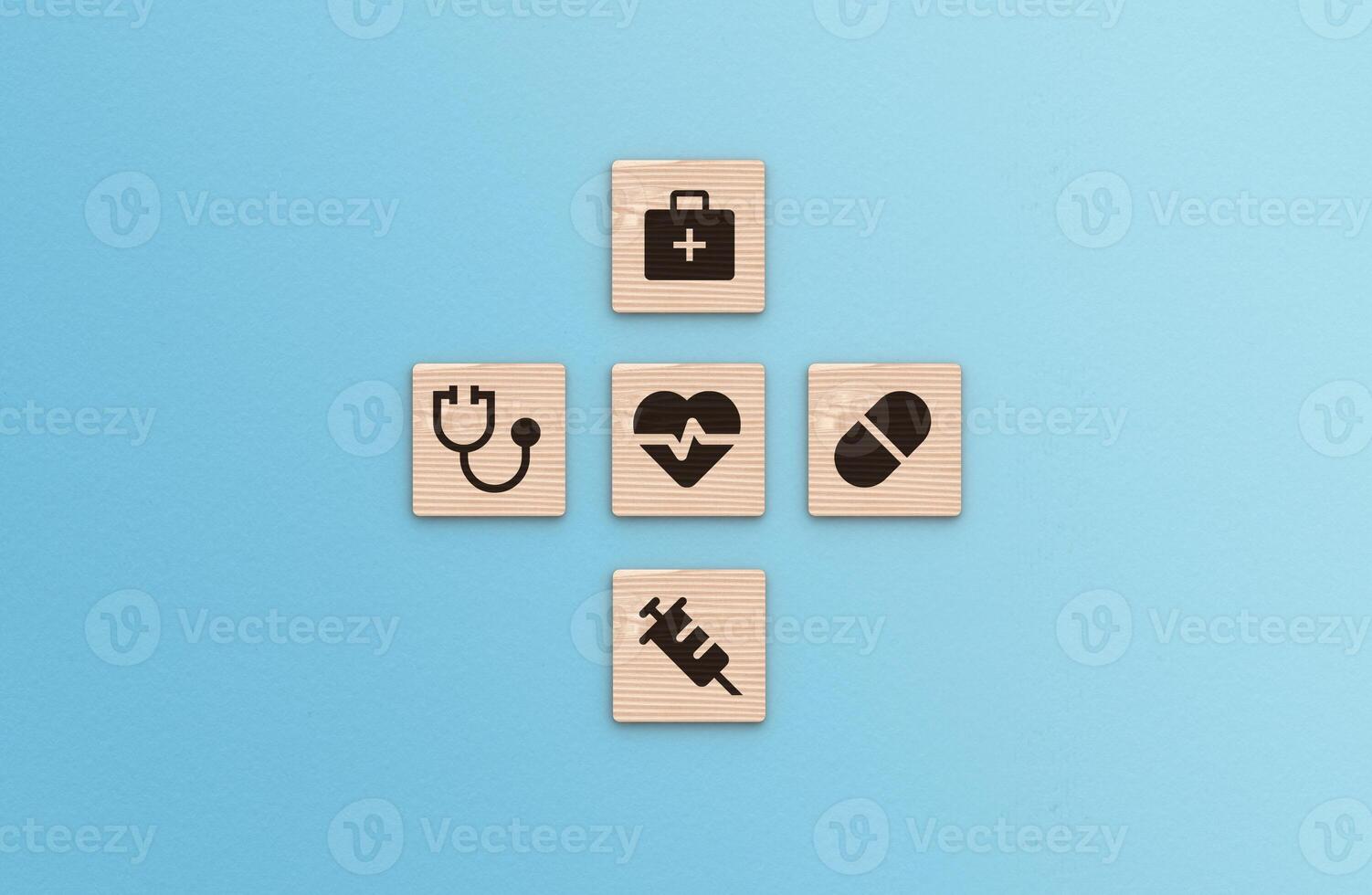 Health Insurance Concept, healthcare medical icons on blue background photo