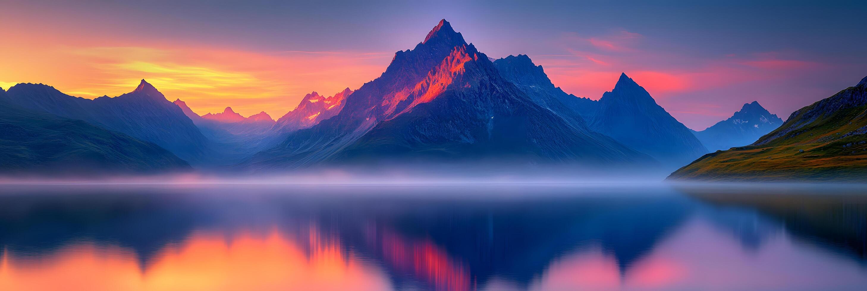 Serene mountain range reflecting in a calm lake during a colorful sunset with a misty atmosphere photo