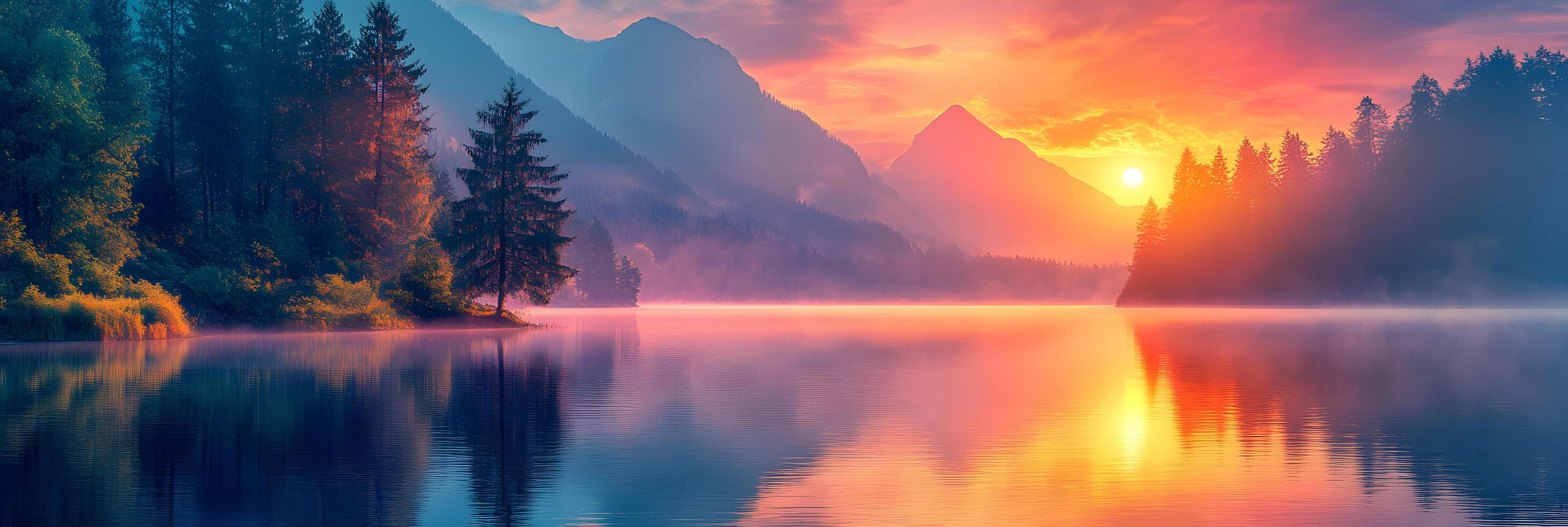 A serene lake reflecting a vibrant sunset with mountains and trees in the background scenery photo