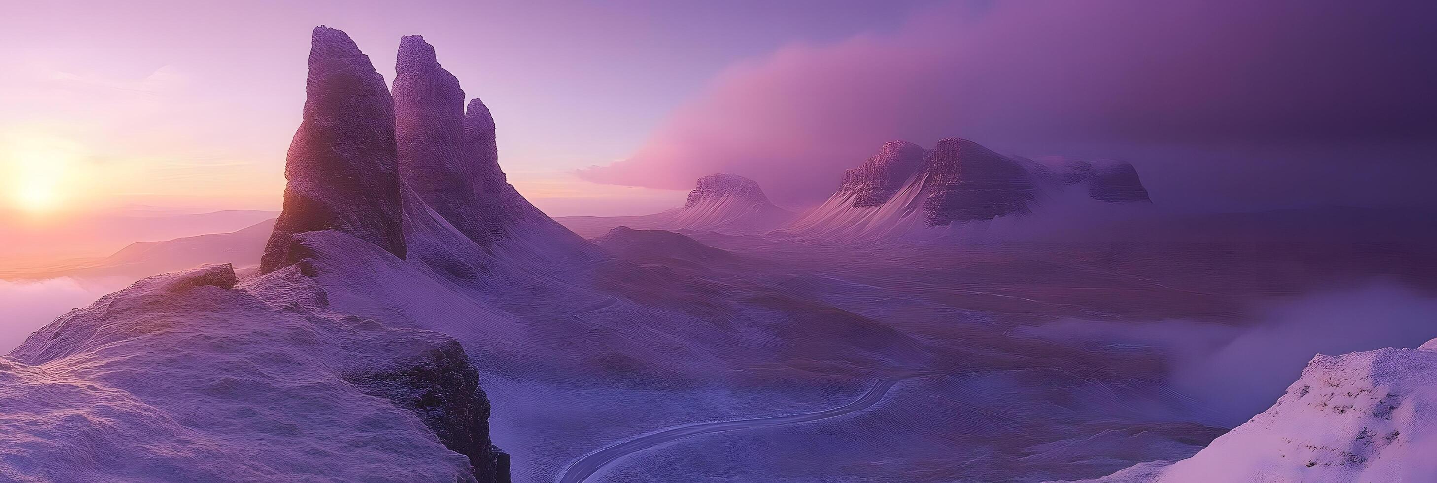 A picturesque view of snow covered mountains with a purple sky and a bright sun at the horizon photo